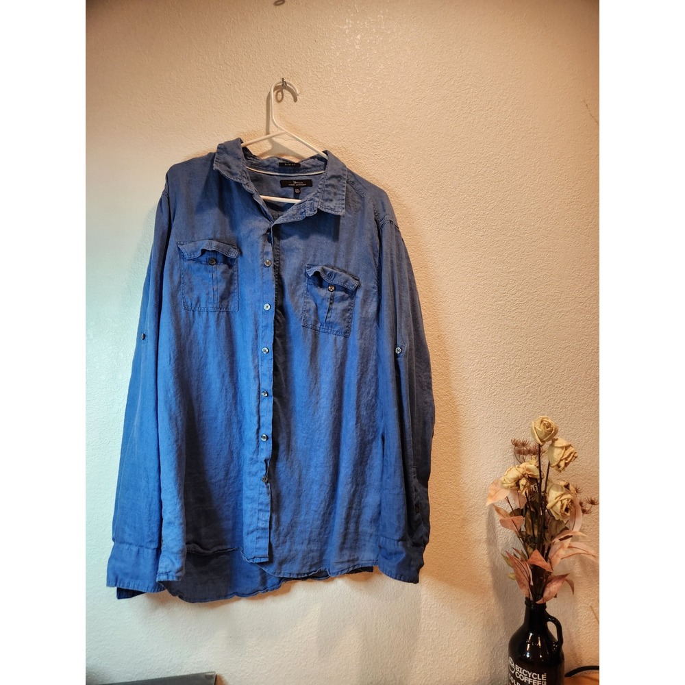 Marc Anthony Men's Slim Fit Button-Front Long Sleeve Shirt XXL Blue 100% Linen